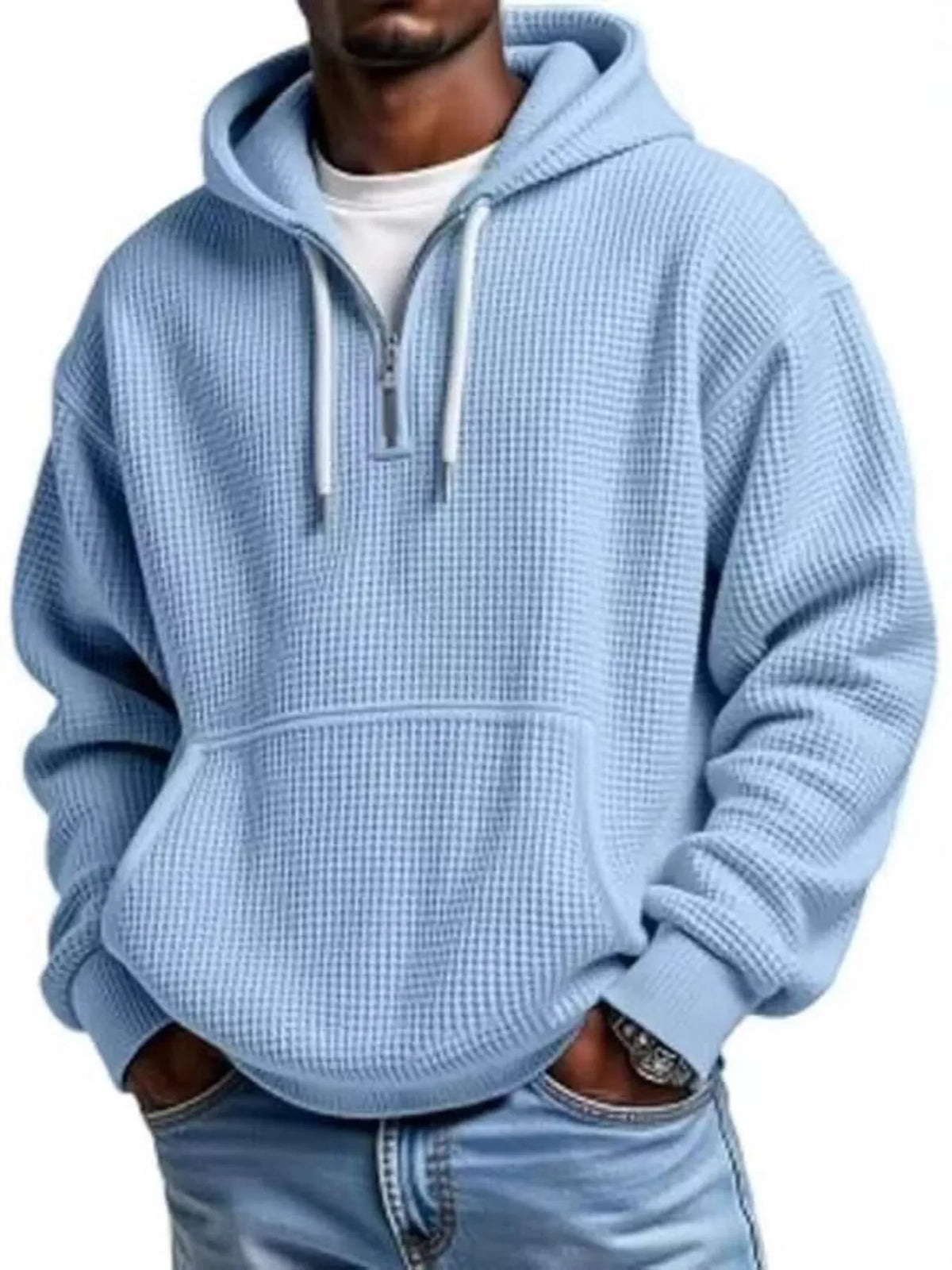 Men's half-zip waffle-knit hoodie in light blue — additional view