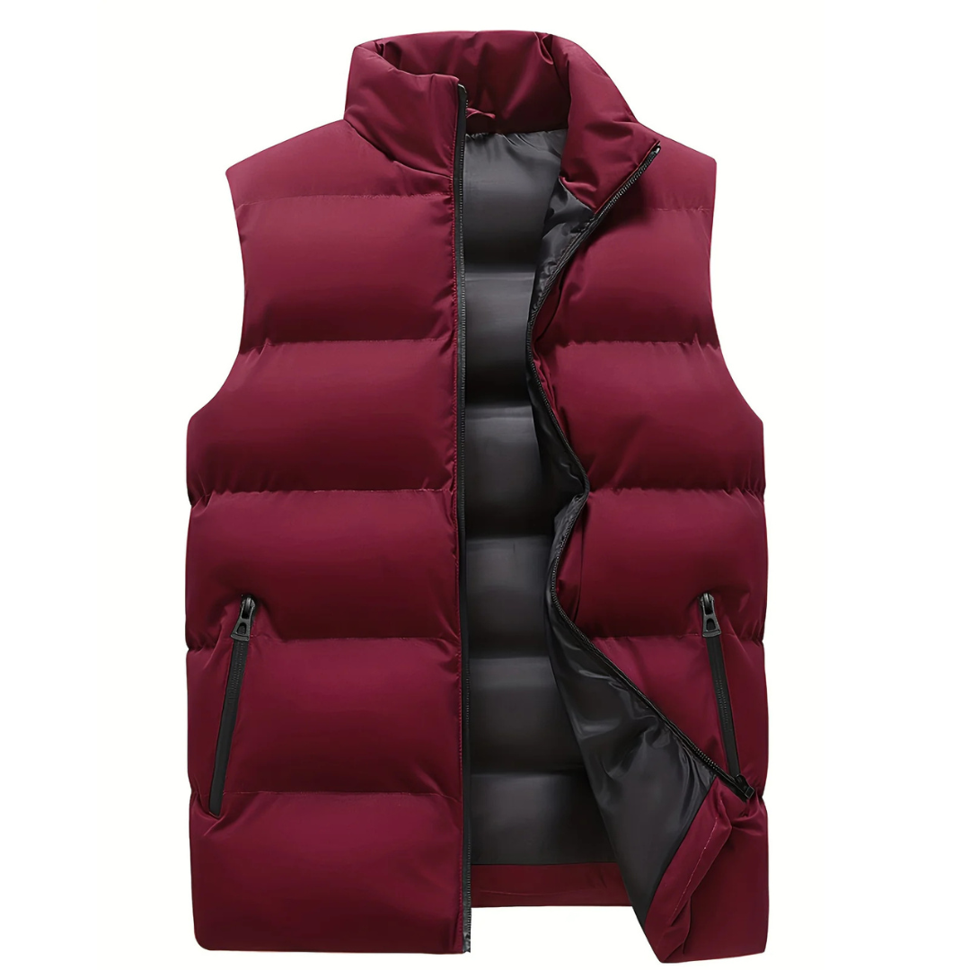 Men's stitched padded puffer vest in red — detail view