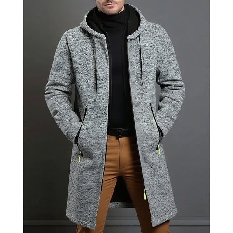 Men's zip-up hooded knit overcoat in light gray