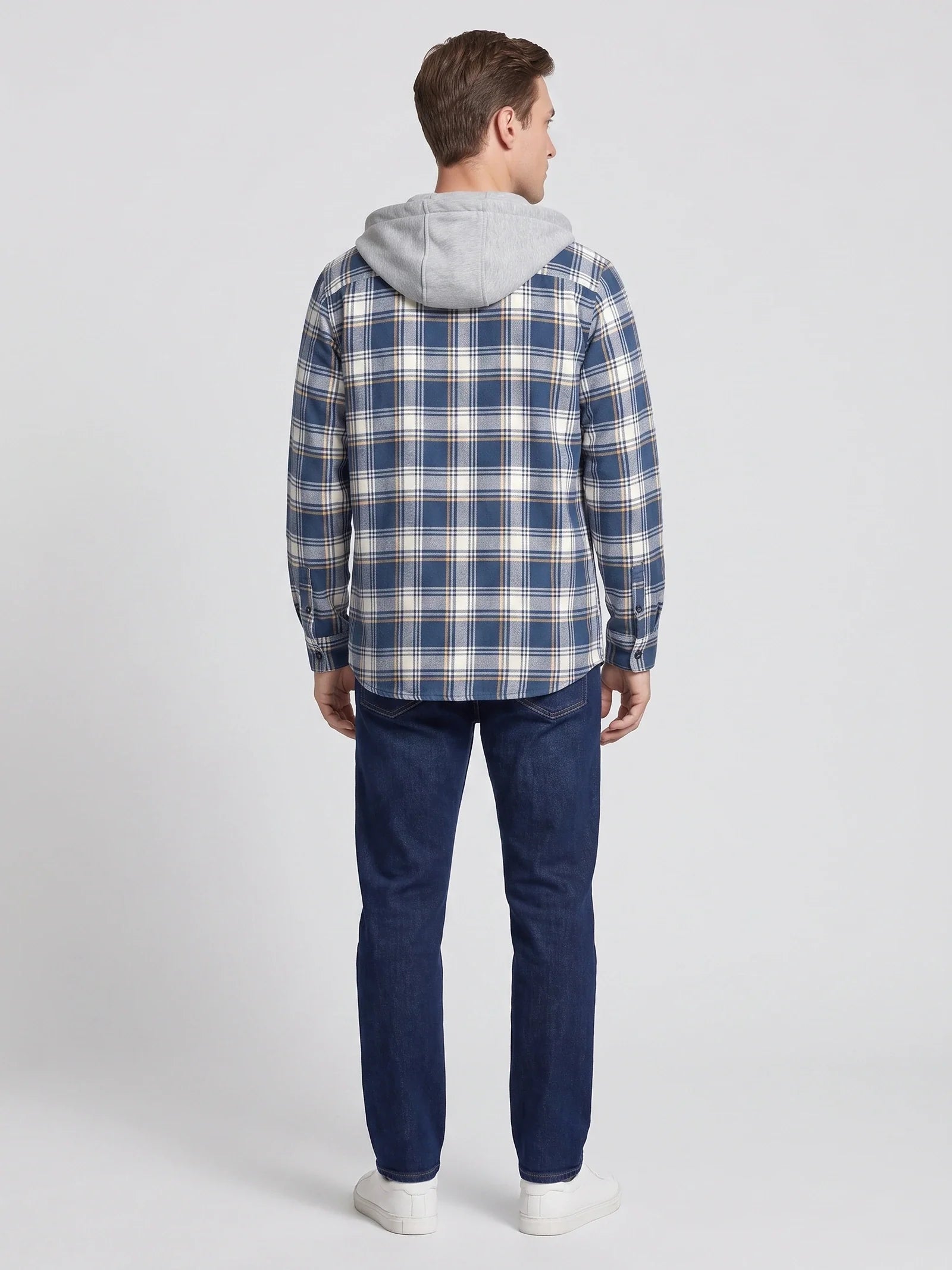 Men's hooded plaid flannel jacket — detail view