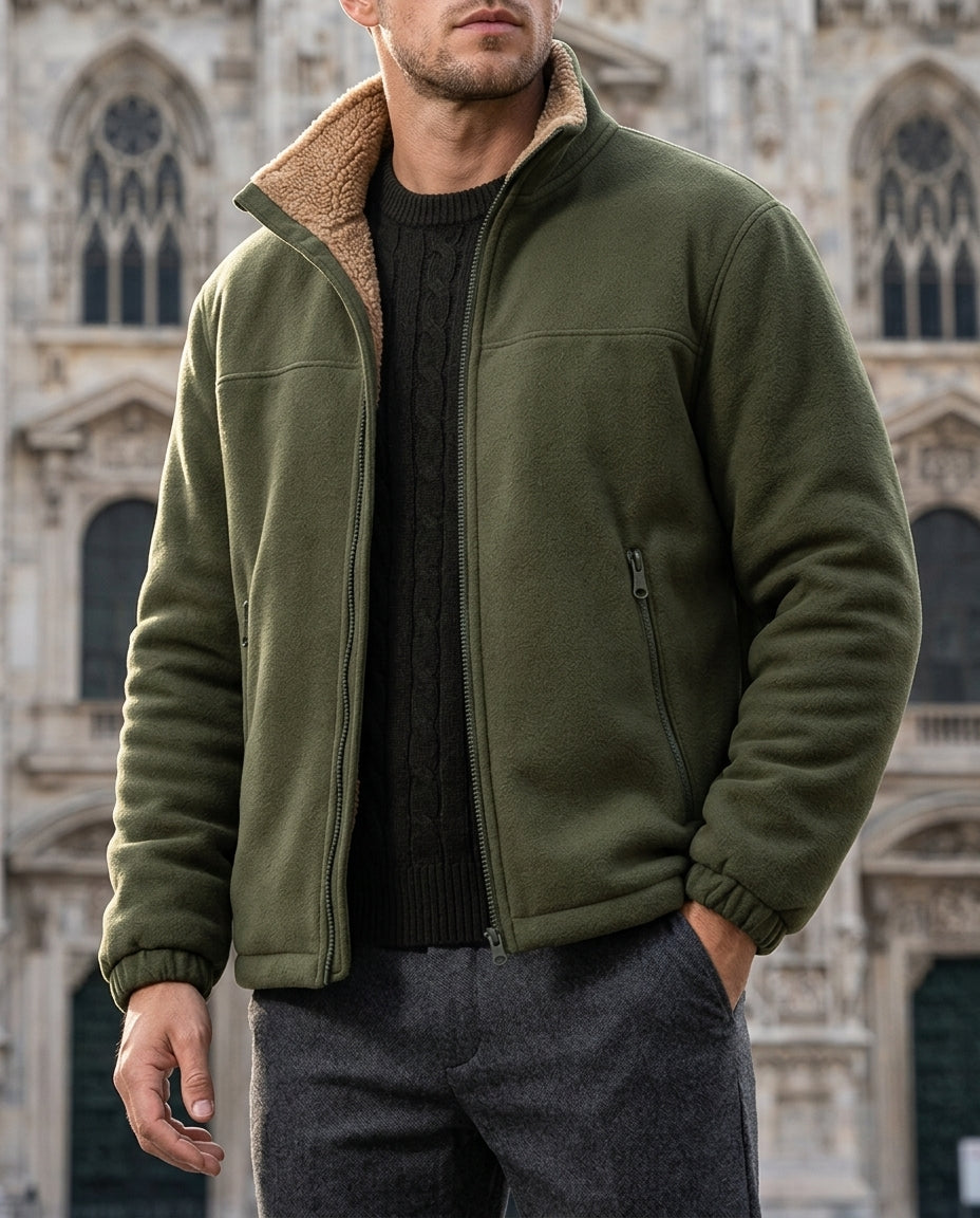 Men's fleece-lined full-zip jacket in green — detail view