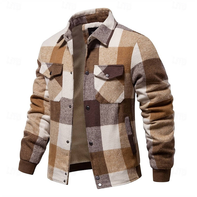 Men's rugged plaid flannel shirt jacket in khaki — additional view