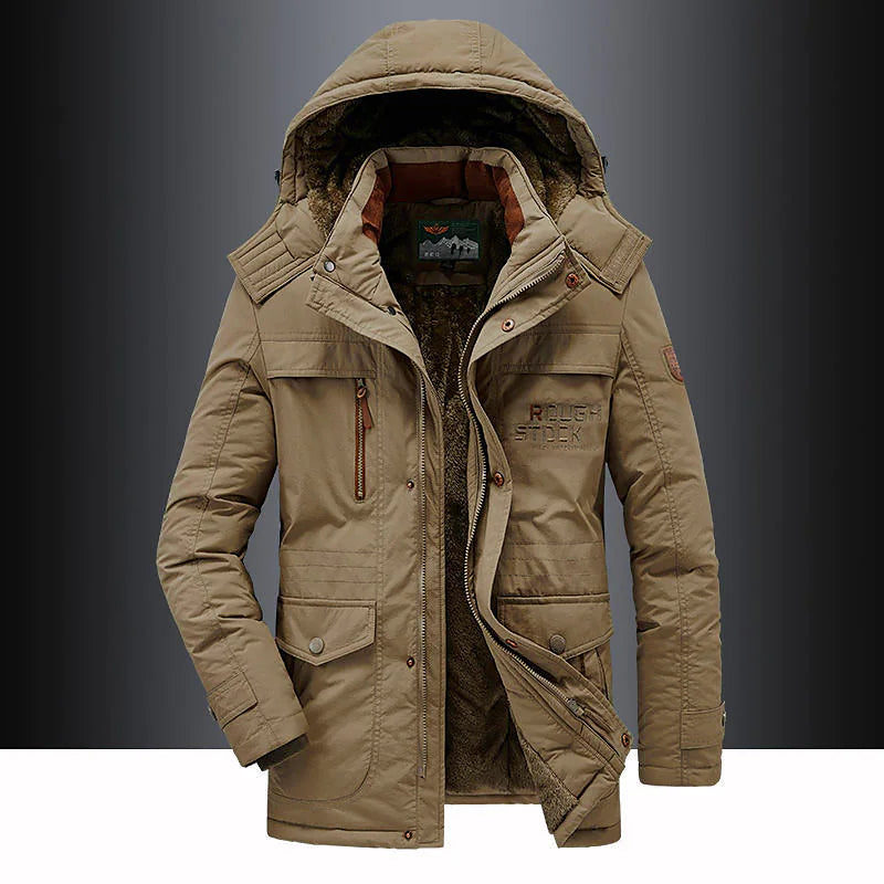 Men's insulated mid-length hooded parka in beige — detail view