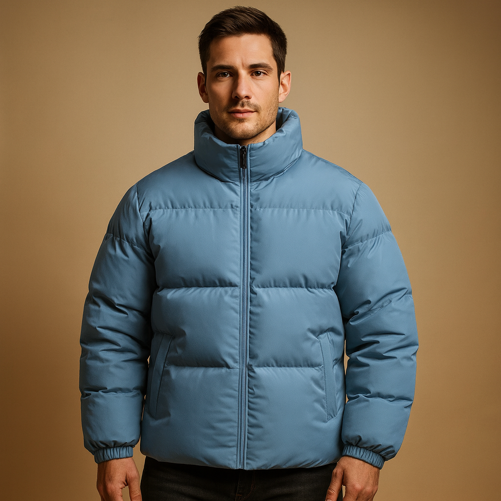 Men's quilted long sleeve jacket in blue — detail view