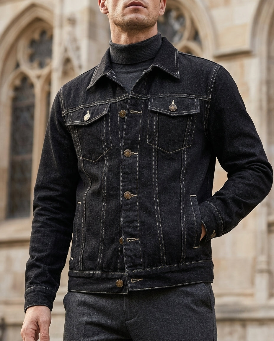 Men's classic trucker jacket in black — detail view