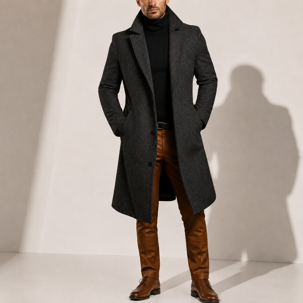 Men's wool blend long winter coat in grey — detail view