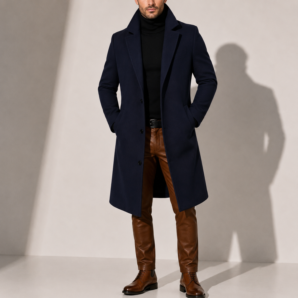 Men's wool blend long winter coat in navy — additional view