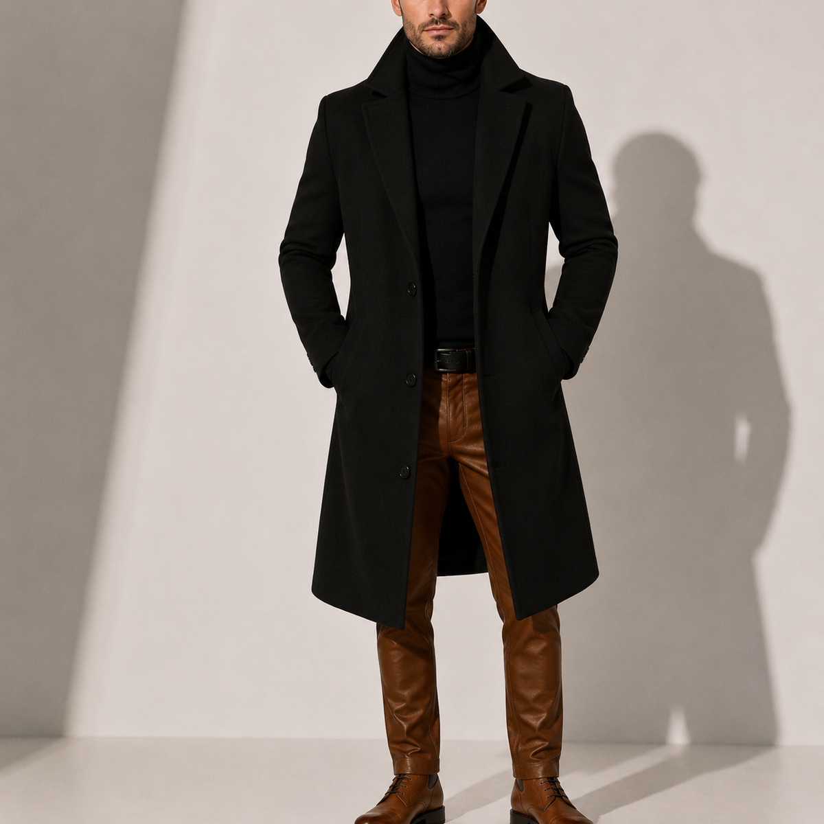 Men's wool blend long winter coat in black — additional view