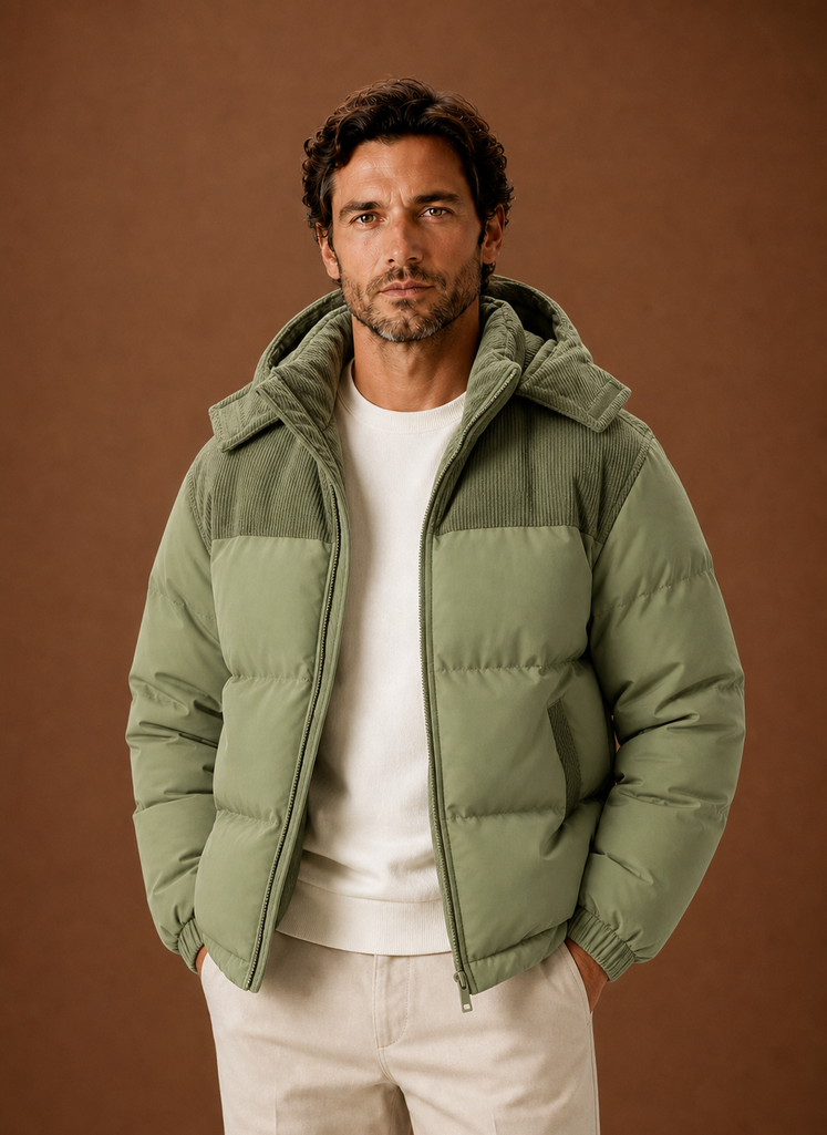 Men's corduroy collar hooded puffer jacket in green — additional view