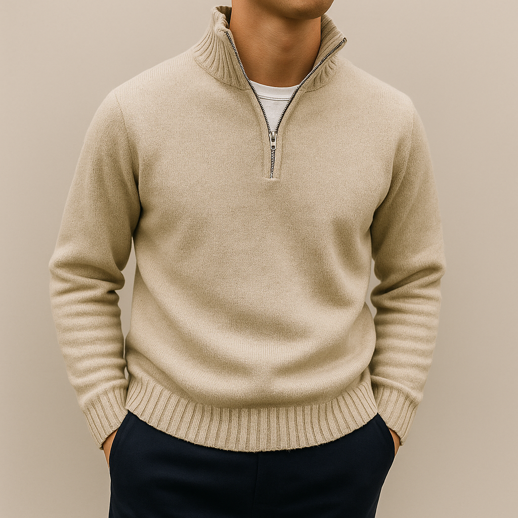 Men's stand-collar quarter-zip sweater in beige — additional view