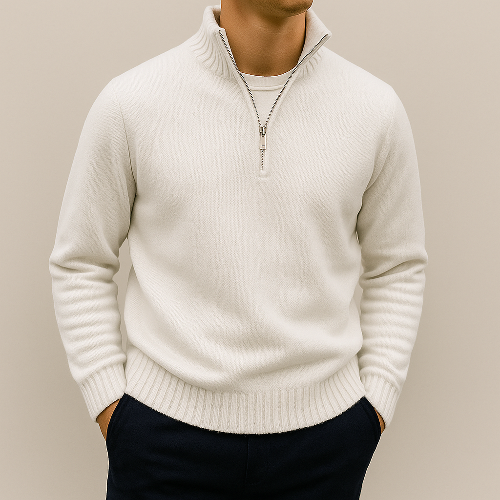 Men's stand-collar quarter-zip sweater in white — alternate view