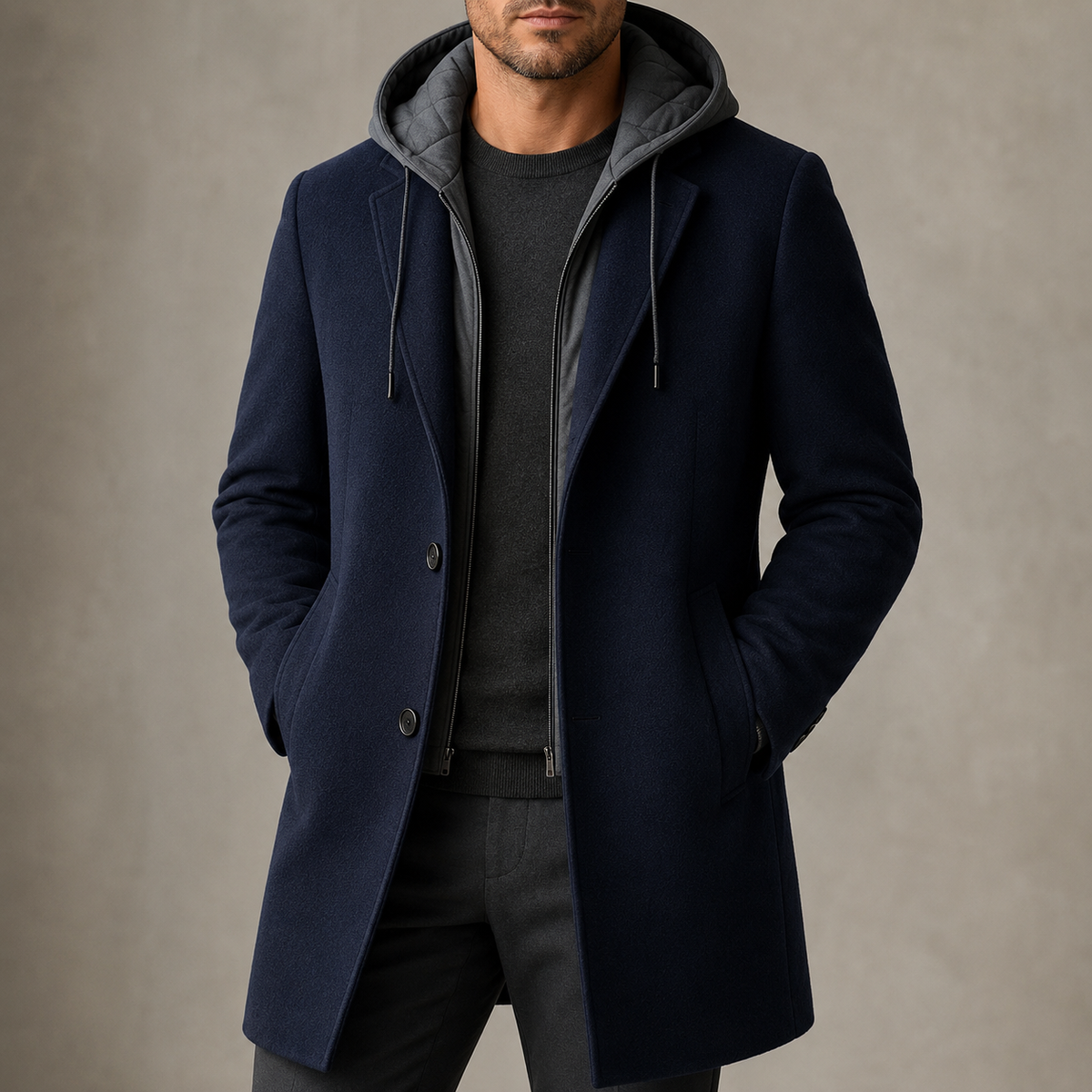 Men's hooded wool winter coat in blue — alternate view