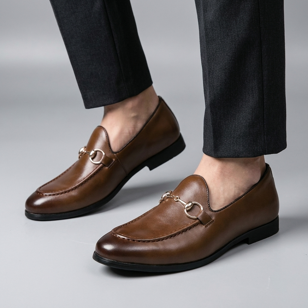 Men's bit buckle leather loafers in brown — alternate view
