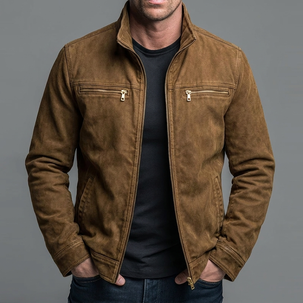 Men's washed cotton vintage zip jacket in brown — additional view