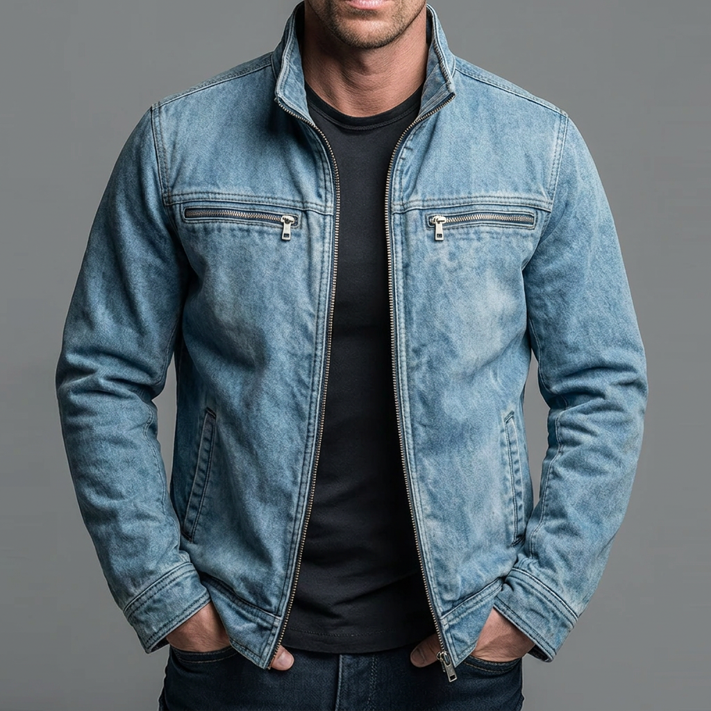 Men's washed cotton vintage zip jacket in blue — additional view
