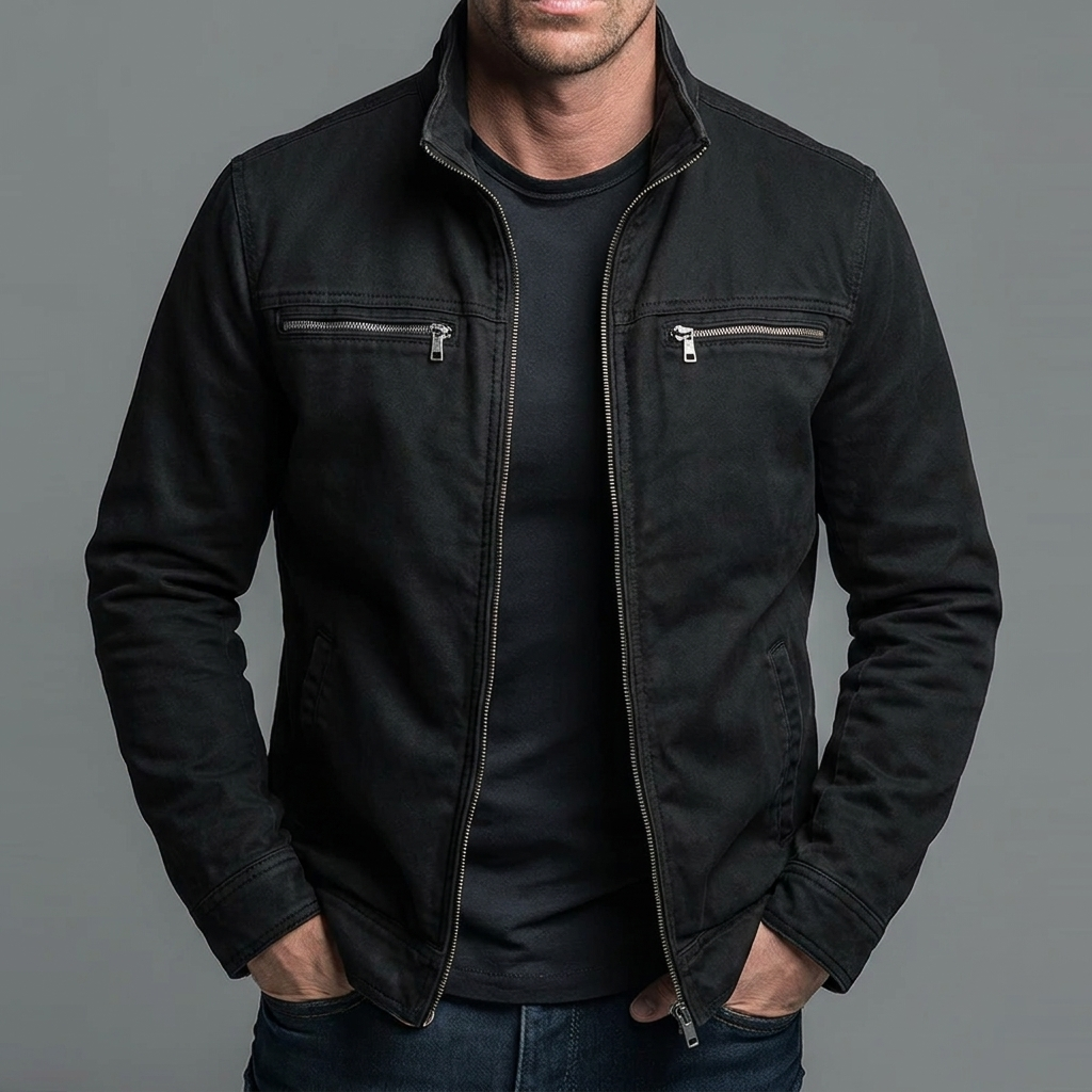 Men's washed cotton vintage zip jacket in black — additional view