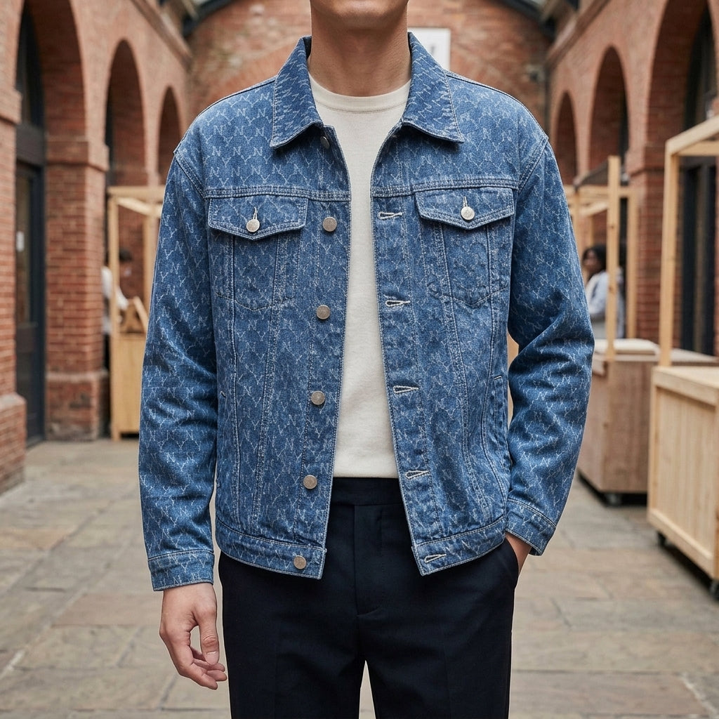Men's contrast-stitch denim jacket in blue — detail view