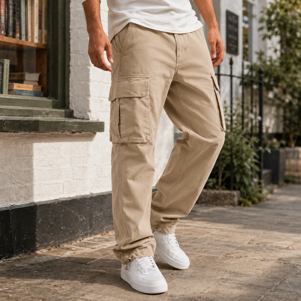 Men's relaxed-fit cargo pants in beige — additional view