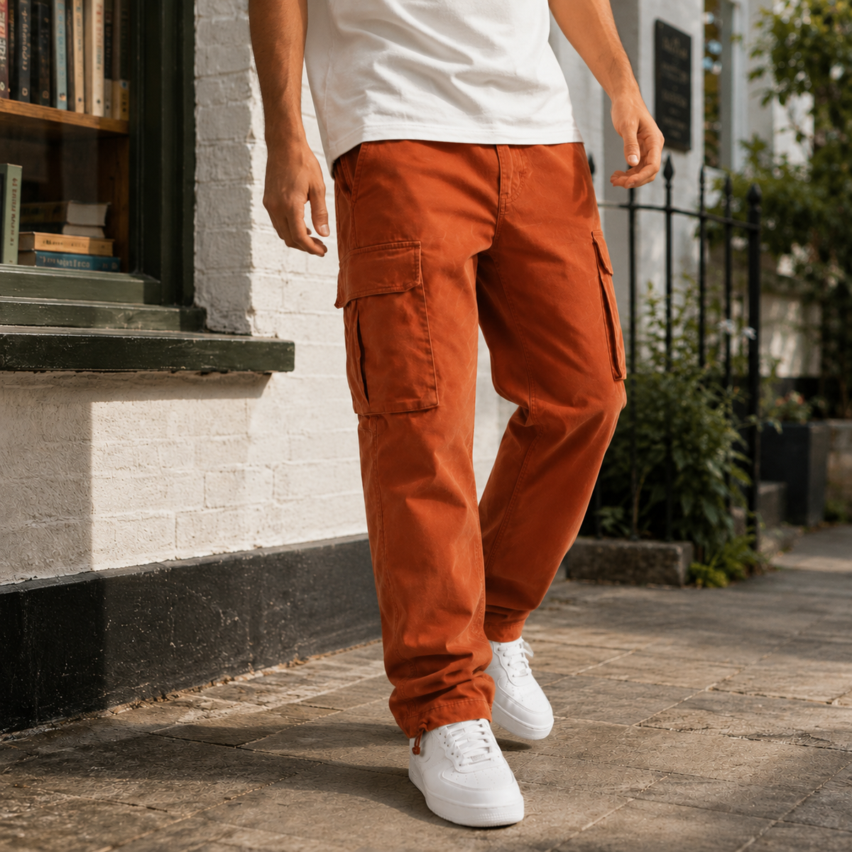 Men's relaxed-fit cargo pants in orange — additional view