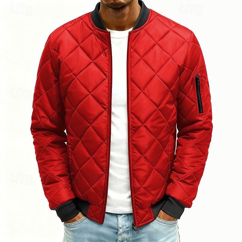 Men's quilted varsity bomber jacket in red — detail view