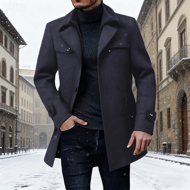Men's tailored longline winter coat in navy blue — detail view