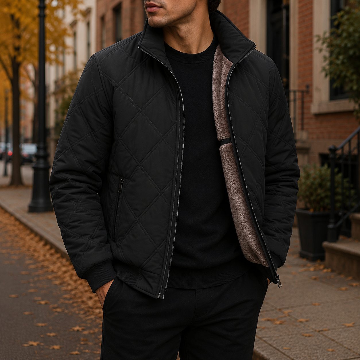 Men's quilted fleece-lined jacket in black — additional view