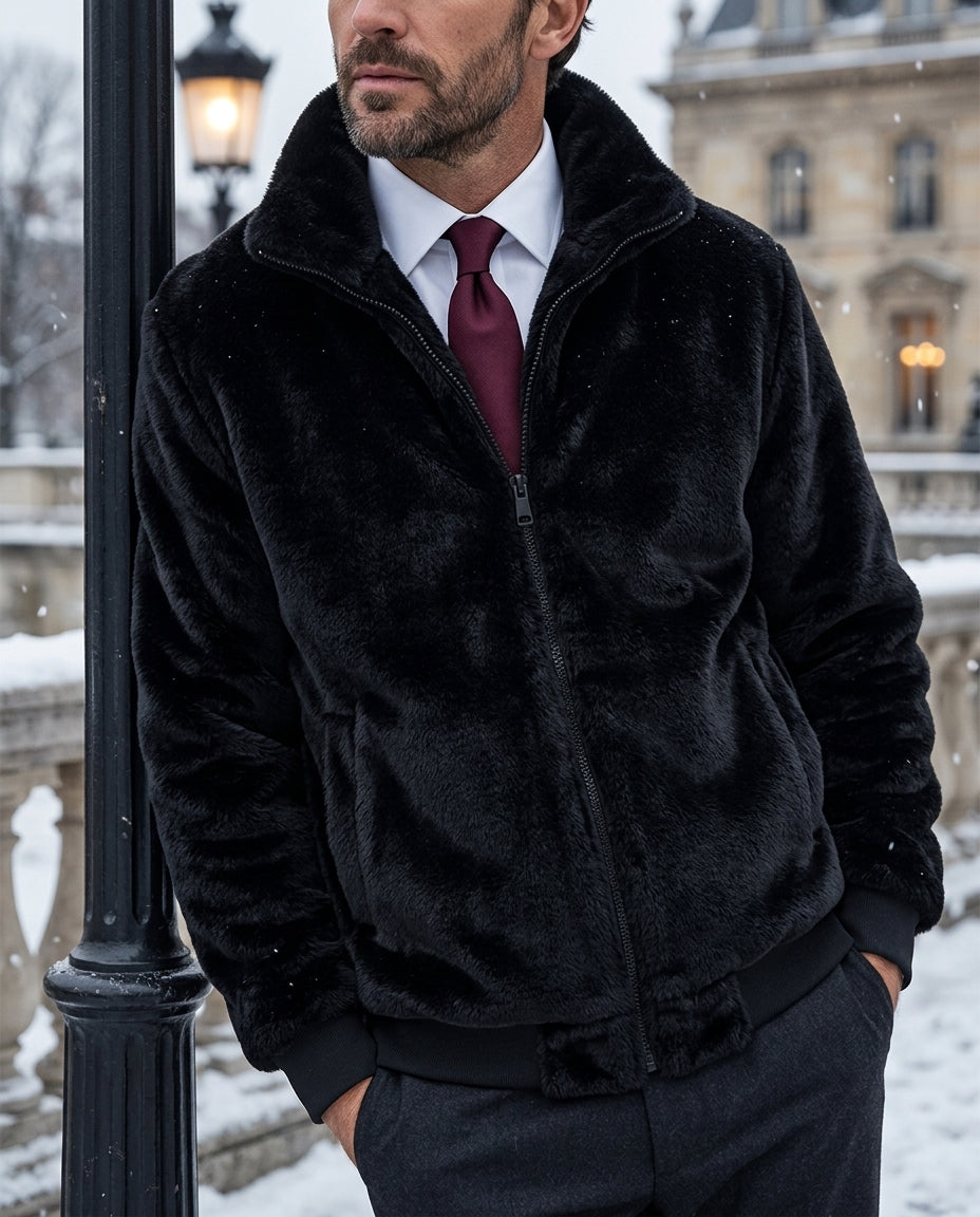 Men's oversized faux fur varsity jacket in black — alternate view