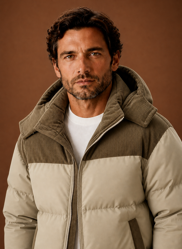 Men's corduroy collar hooded puffer jacket — detail view