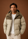 Men's corduroy collar hooded puffer jacket in khaki