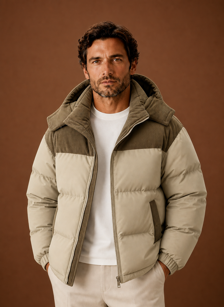 Men's corduroy collar hooded puffer jacket in khaki