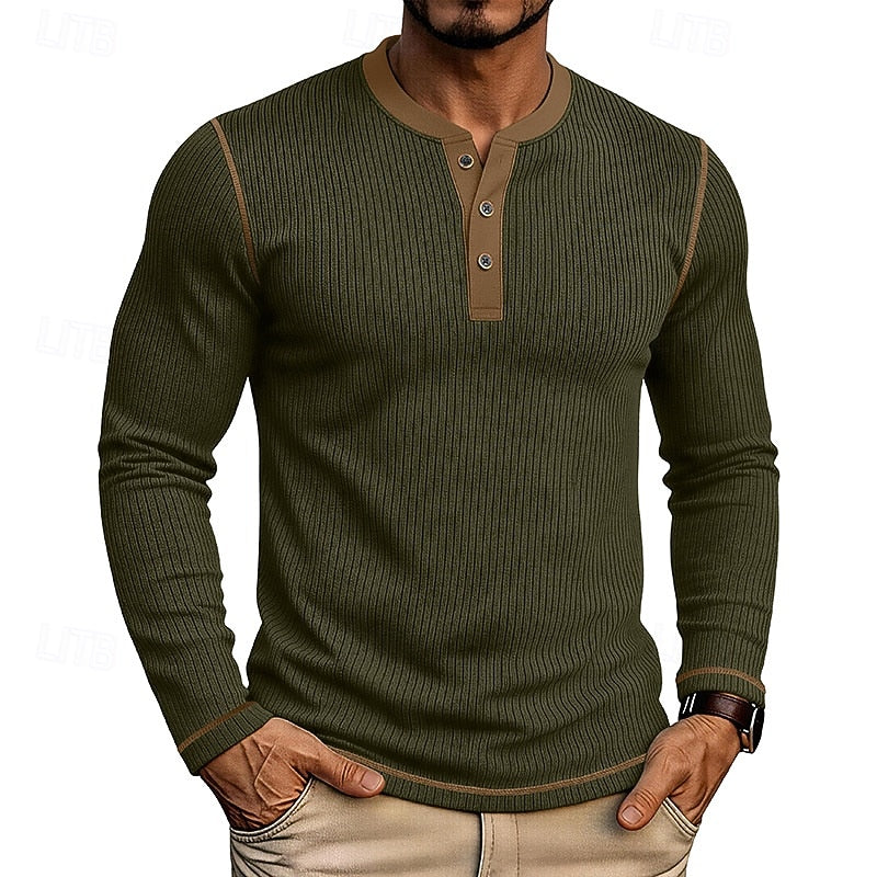 Men's ribbed long sleeve henley shirt in army green — additional view