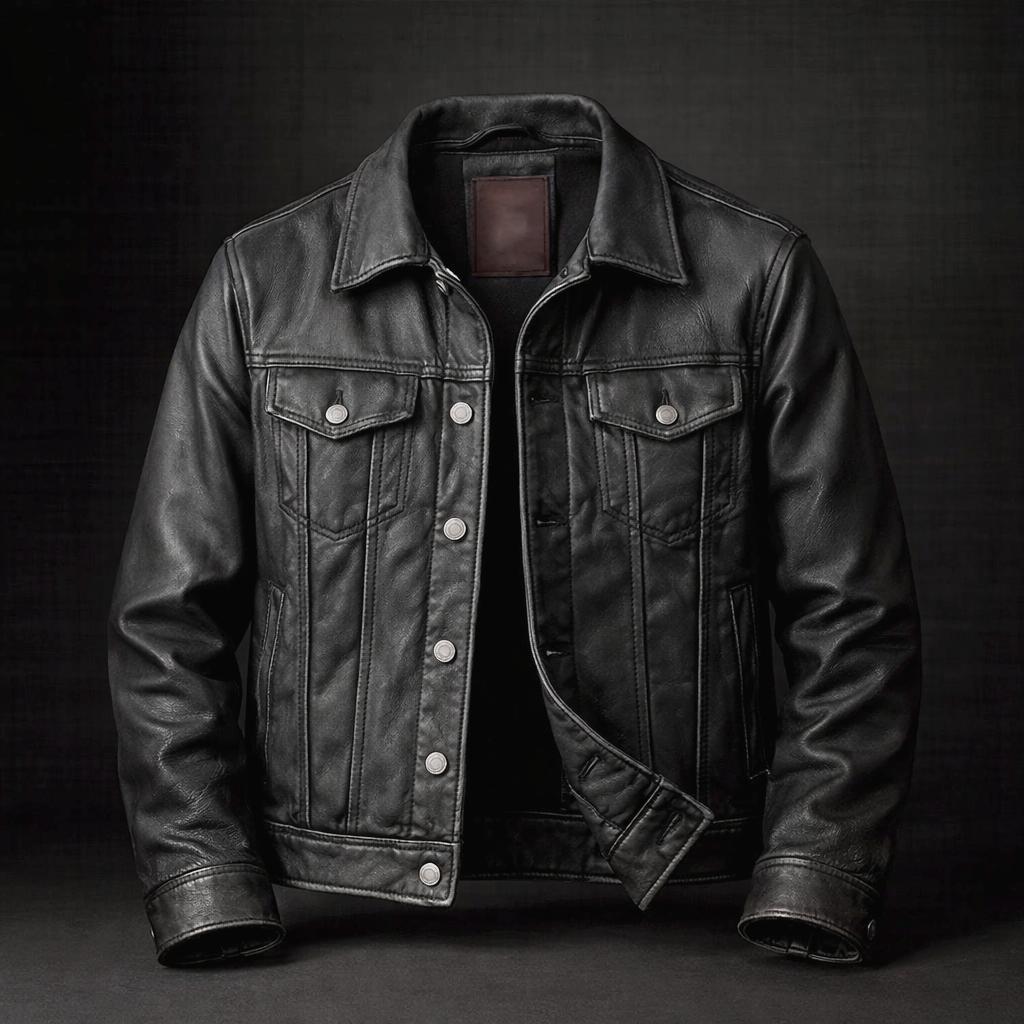 Men's button-up heritage leather jacket in black — alternate view