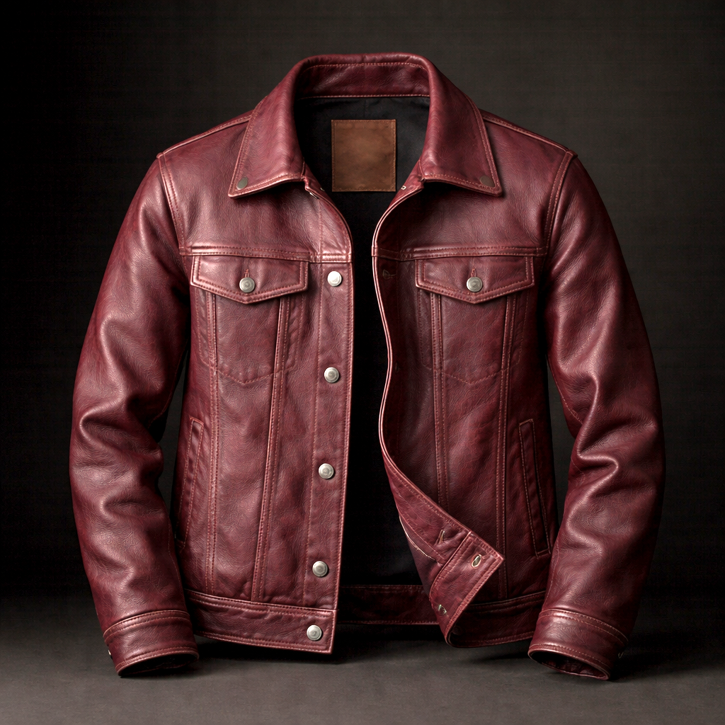 Men's button-up heritage leather jacket in dark red — detail view