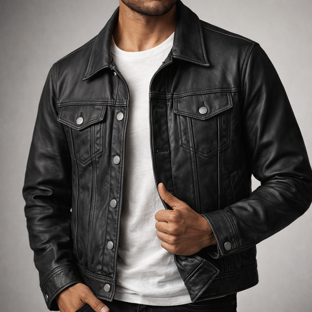 Men's button-up heritage leather jacket — additional view