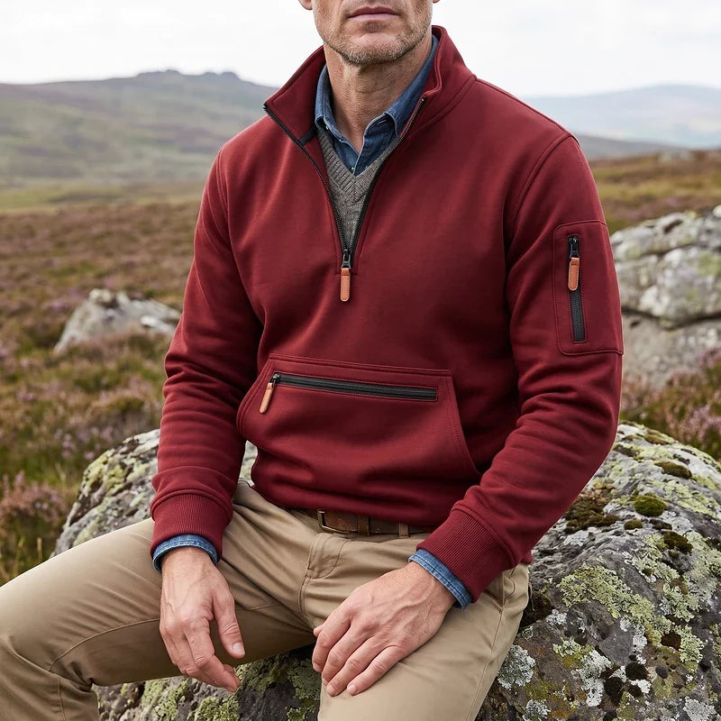 Men's quarter-zip fleece pullover in wine red — alternate view