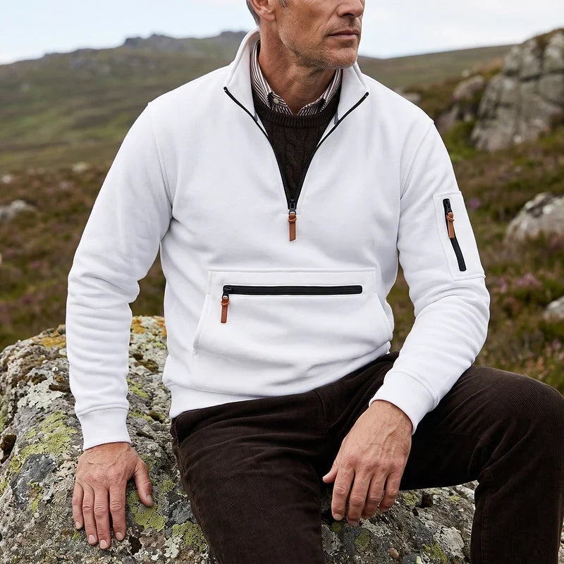 Men's quarter-zip fleece pullover in white — detail view