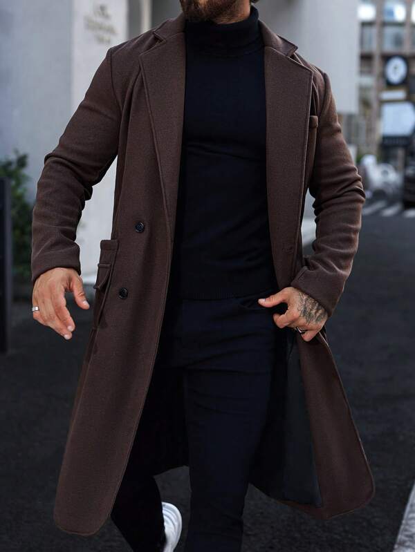 Men's double-breasted long wool coat — detail view