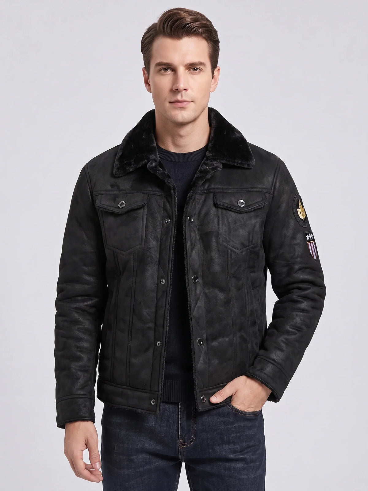 Men's slim-fit leather bomber jacket in black — additional view