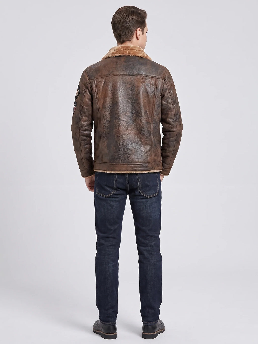 Men's slim-fit leather bomber jacket — detail view