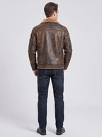 Men's slim-fit leather bomber jacket — detail view