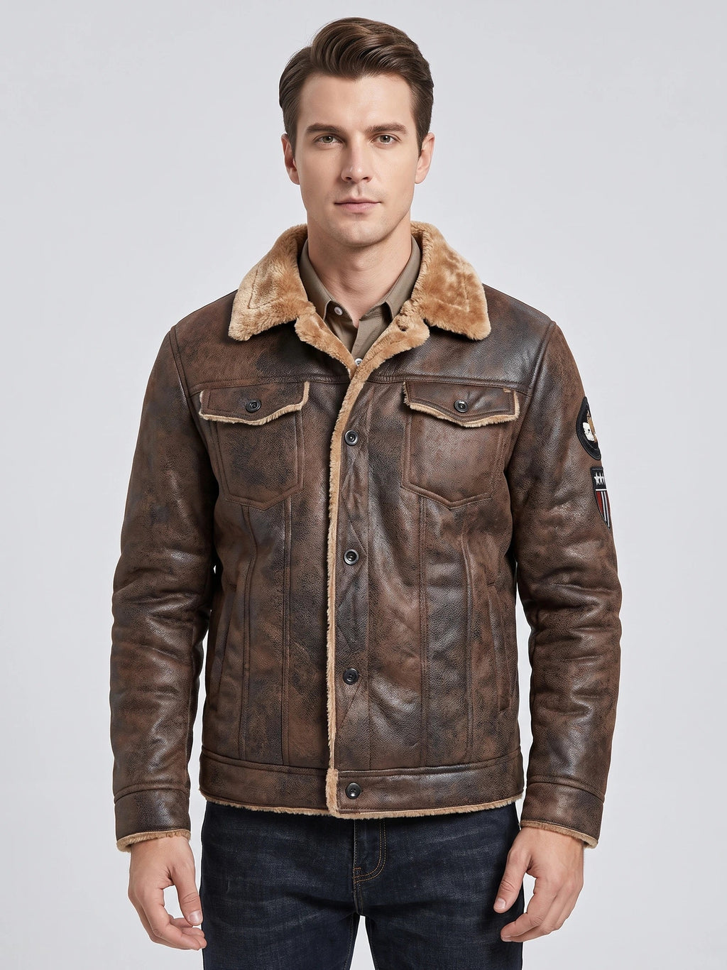 Men's slim-fit leather bomber jacket in brown