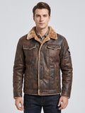 Men's slim-fit leather bomber jacket in brown