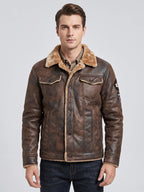 Men's slim-fit leather bomber jacket in brown