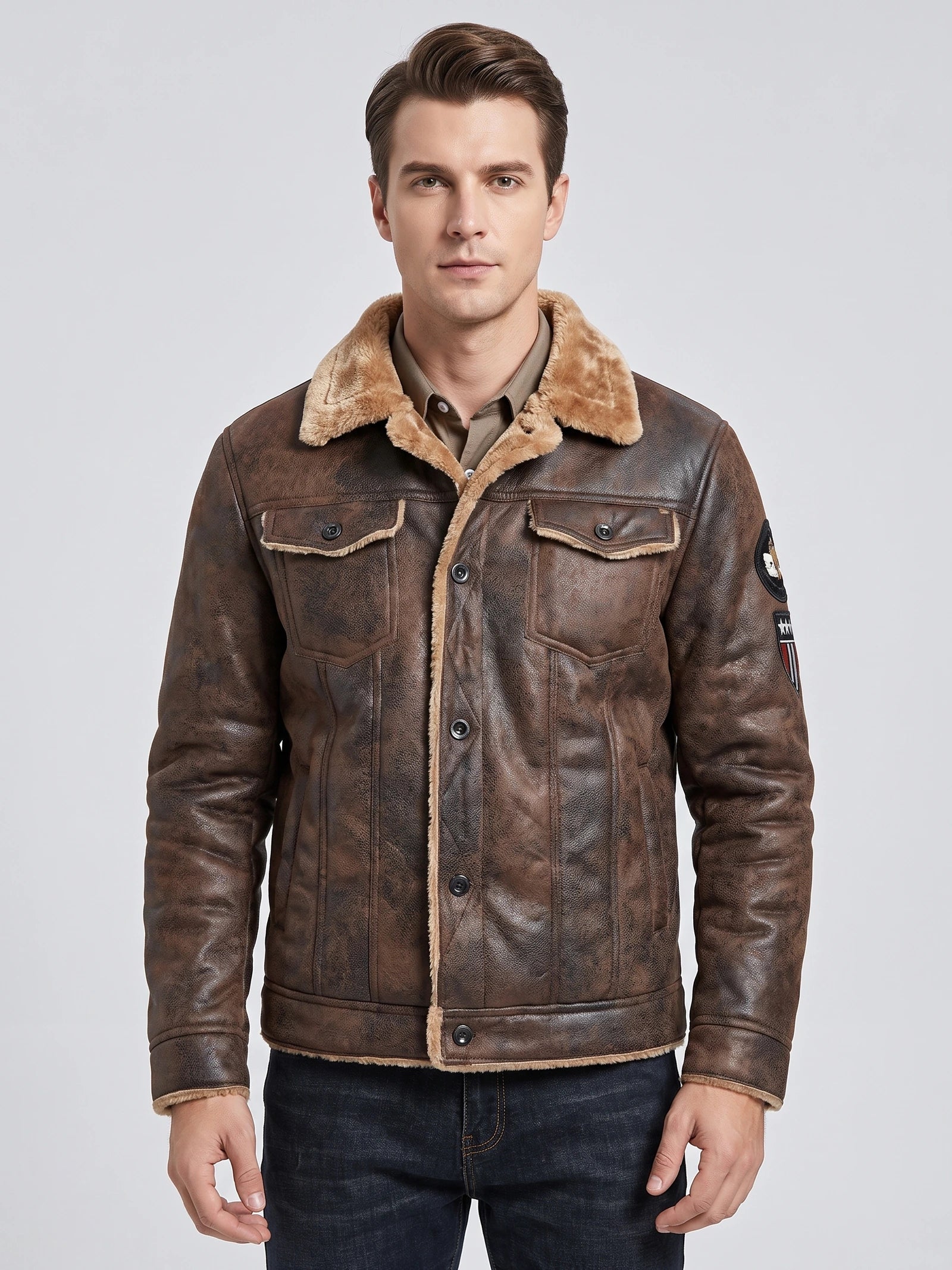 Men's slim-fit leather bomber jacket in brown
