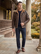 Men's slim-fit leather bomber jacket — additional view