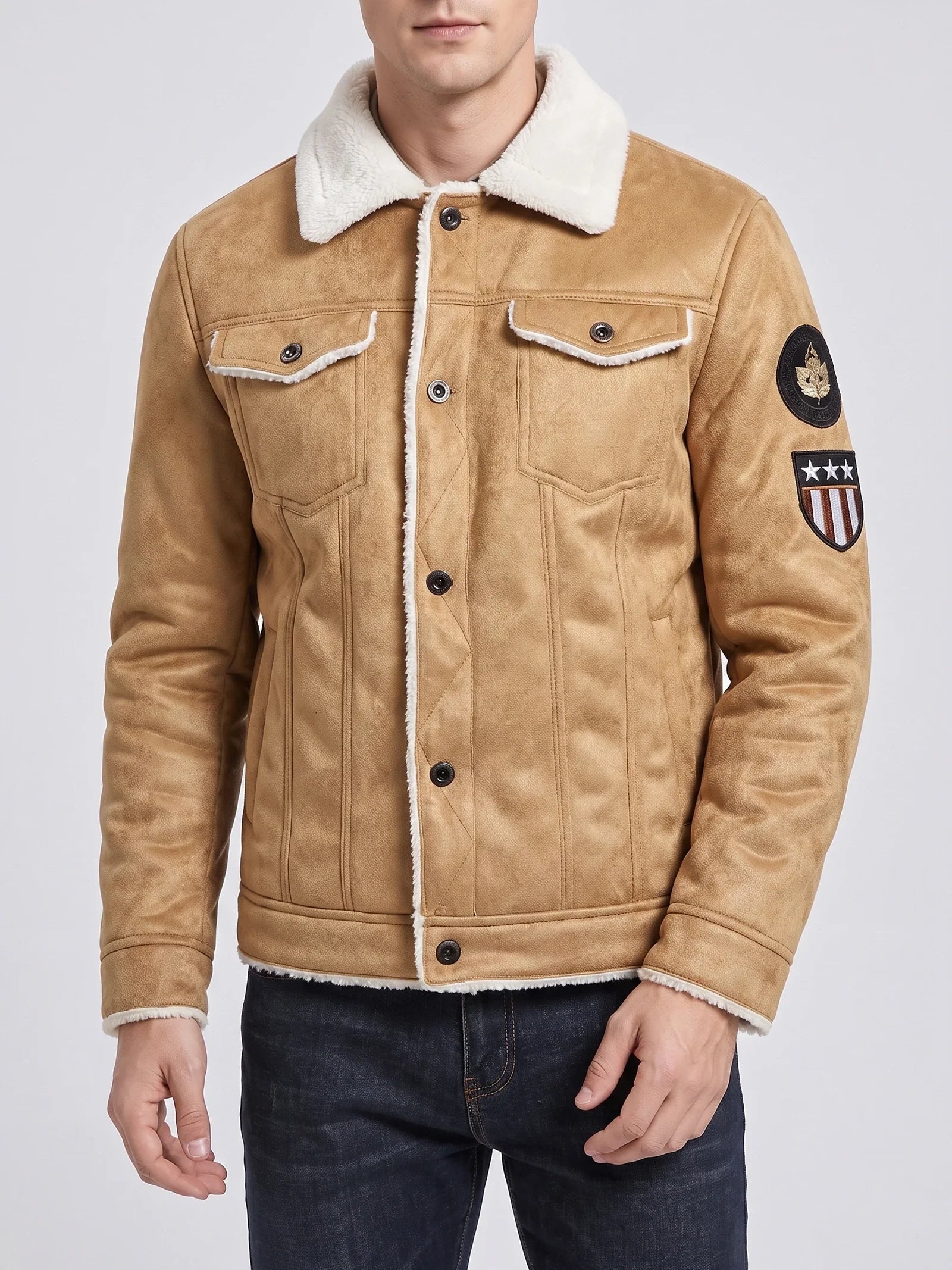 Men's slim-fit leather bomber jacket in khaki — additional view
