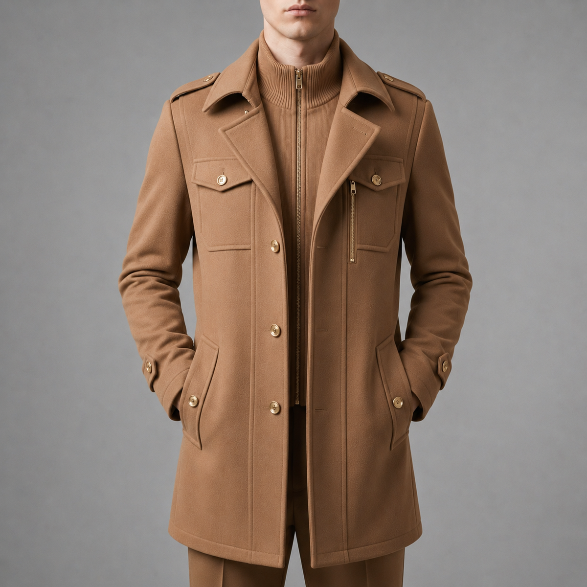 Men's tailored wool blend overcoat in camel tan