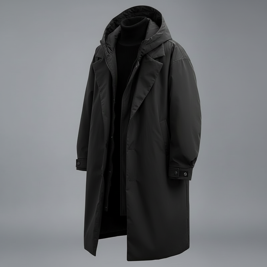 Men's waterproof hooded puffer trench coat in black — additional view