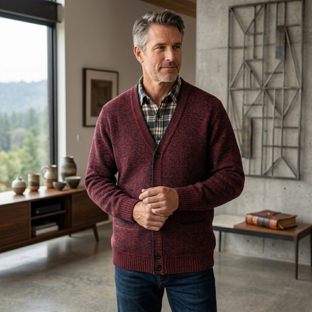 Men's plaid lined button up cardigan — additional view