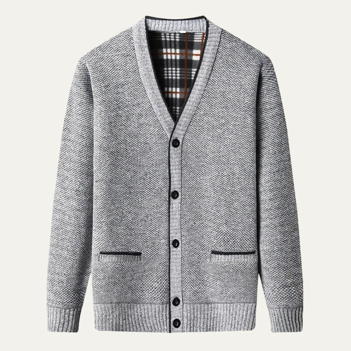 Men's plaid lined button up cardigan in light gray — additional view